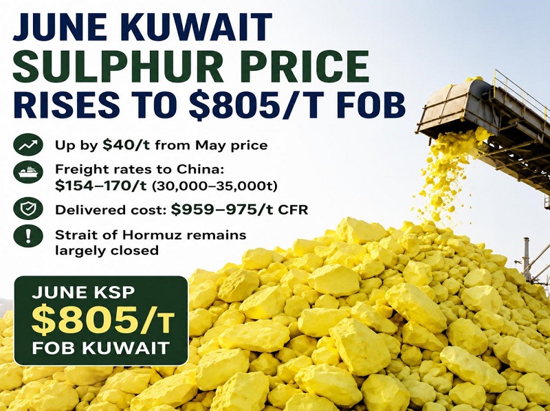 Kuwaits KPC höjer juni Svavel FOB erbjudandepris till $805 per ton